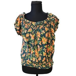 Free People One Suki Smocked Off Shoulder Green Floral Print Blouse Size XL